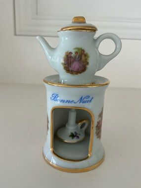 Bonne Nuit White & Gold Porcelain Miniature Limoges Teapot Warmer Set